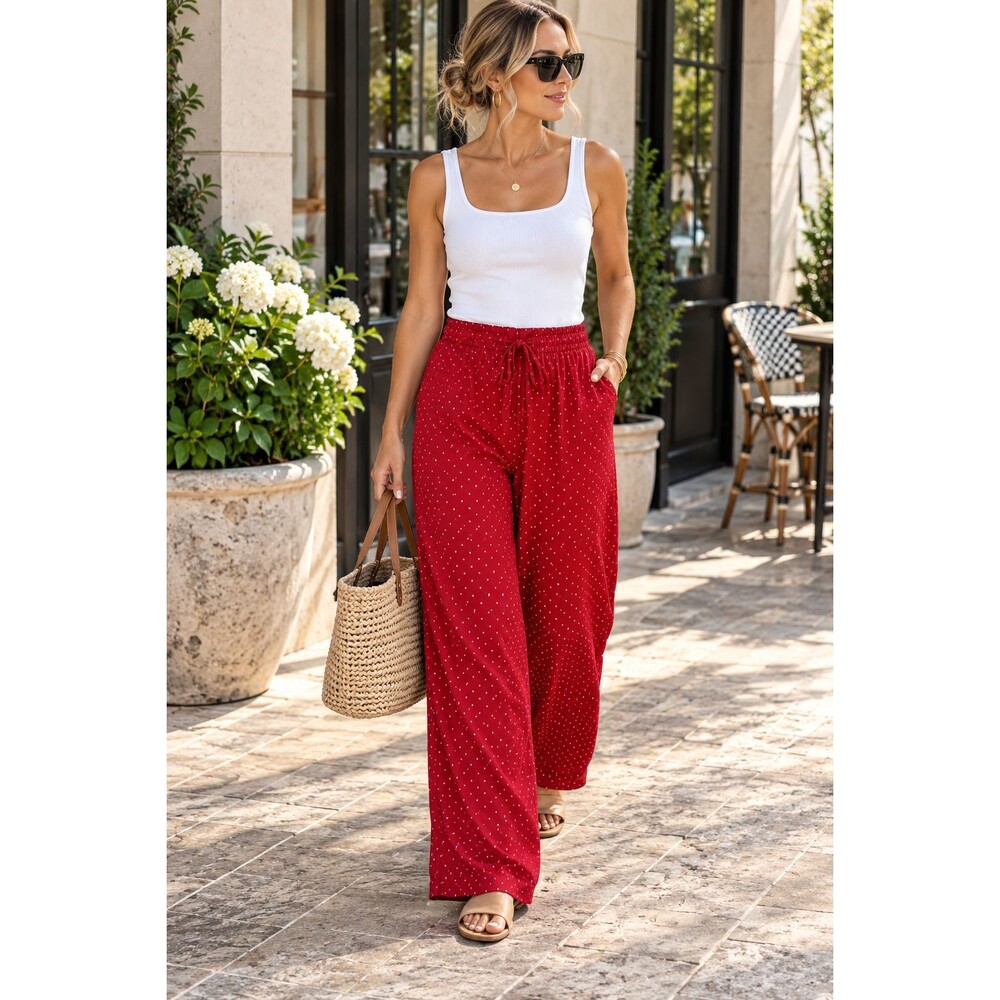 Lauren Ralph Lauren 100% Silk Red Polka Dot Wide Leg Pants Women’s L Drawstring